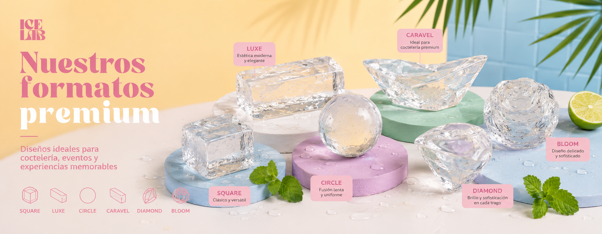 Formatos premium IceLab: Square, Luxe, Circle, Caravel, Diamond y Bloom
